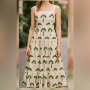 NWT Calypso St Barth Tiered Maxi Dress sz S Palm Tree Print Crochet Trim Cotton